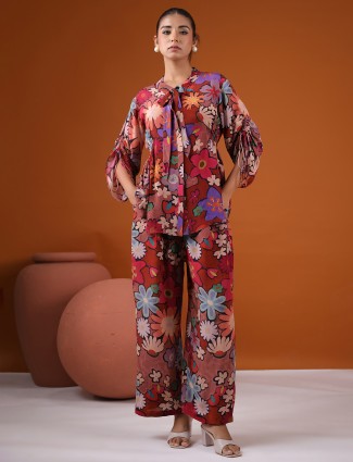 Brown satin printed casual co ord set