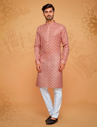 Dark coral brown printed cotton kurta suit