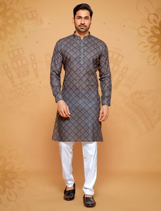 Dark grey printed kurta suit with matching bottom