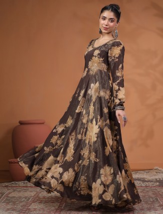 Brown silk printed Party wear salwar suit