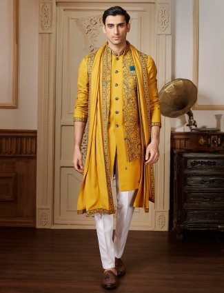 Mustard terry rayon waistcoat set with matching dupatta