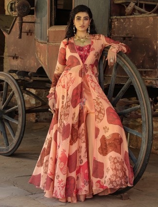 Peach silk printed party wear palazzo suit