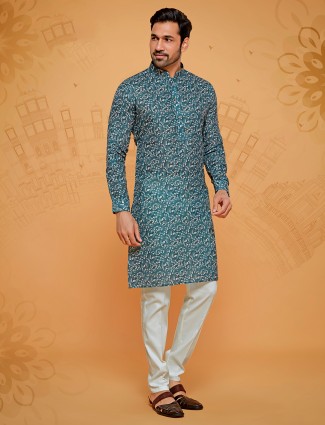 Rama green printed cotton kurta suit