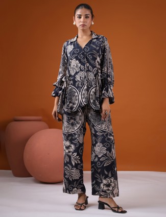 Navy blue satin co ord set in ethnic print