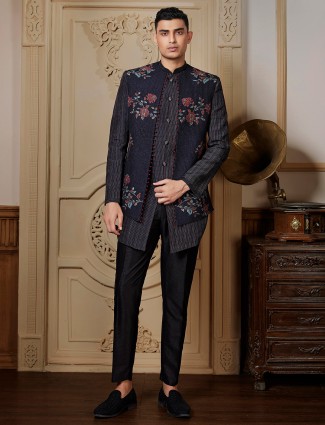 Black raw silk Semi-Indowestern for reception