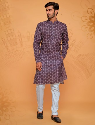 Wine printed cotton kurta suit with matching bottom