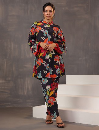 Black printed satin stylish co ord set