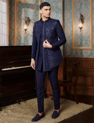 Navy blue textured terry rayon Indowestern