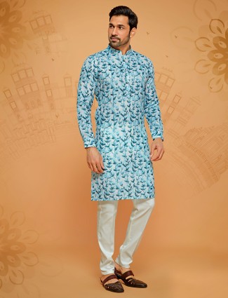 Light blue printed cotton kurta set for men
