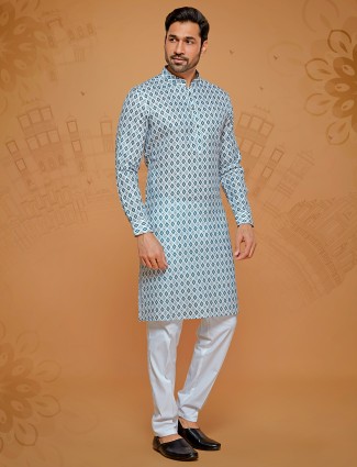 Teal blue and white cotton printed kurta suit