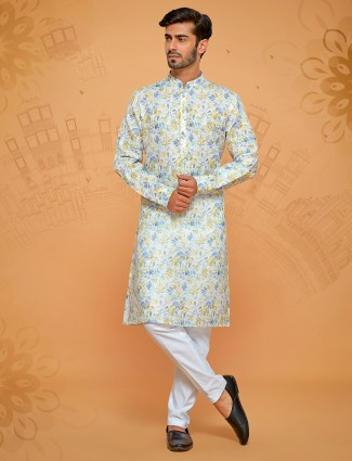 White and yellow printed cotton kurta set for men