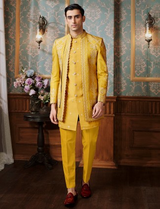 Yellow terry rayon Indowestern featuring minimal thread work