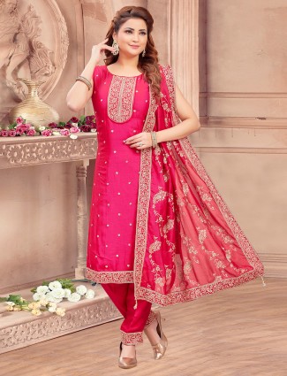 Rani color silk  sleeveless salwar dress