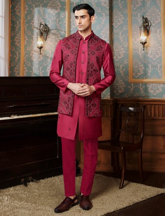 Maroon reception style embroidered waistcoat set