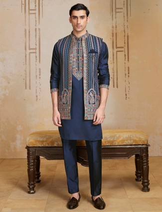 Navy blue long colorful embroidered waistcoat