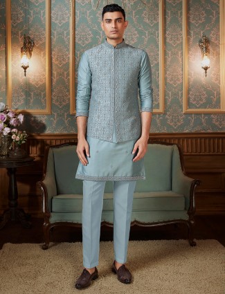 Sky blue raw silk kurta jacket set for receptions
