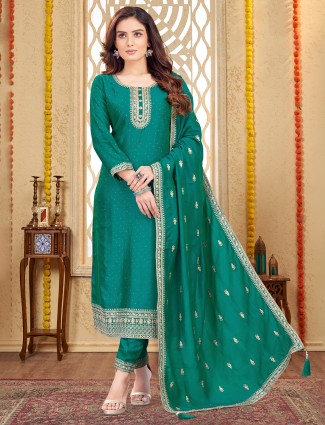 Teal green silk embroidered salwar dress with resham work