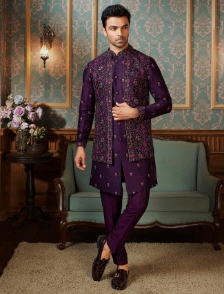 Wine raw silk embroidered waistcoat set for men