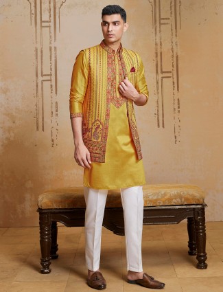 Yellow long embroidered waistcoat set