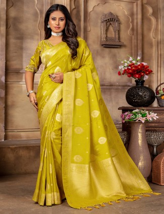 Lime yellow tissue silk saree for haldi ceremony