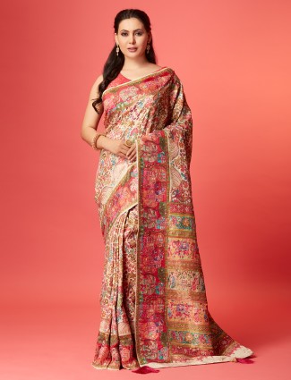 Weading ready cream pashmina silk saree with zari work