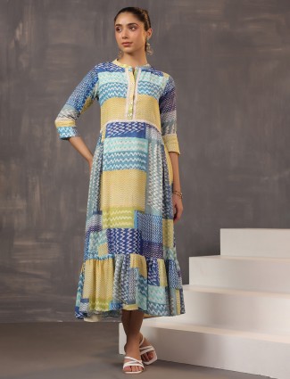 Beige and blue printed cotton silk kurti