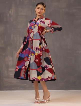Multicolour satin  collar neck kurti dress