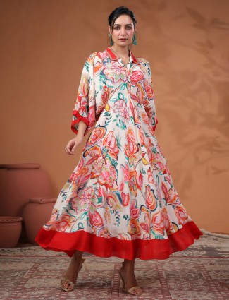 White printed cotton silk collar neck kurti dress