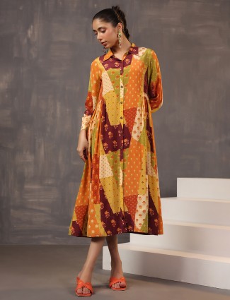 Mustard yellow satin full sleeves kurti dress