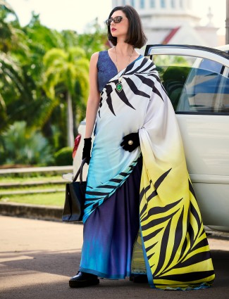 Navy blue satin silk printed saree for festival season