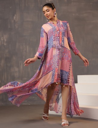 Pink georgette printed kurti cowrie shells embellishment