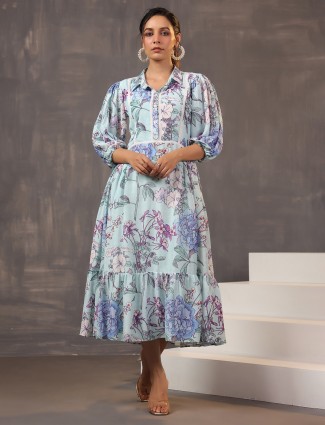 Sky blue cotton silk printed kurti dress