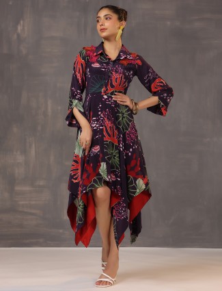 Dark wine satin printed kurti dress