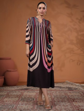 Black printed cotton collar neck kurti set