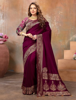 Dark purple dola silk resham weaving wedding wear saree