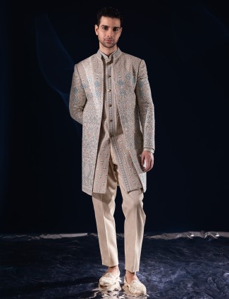 Beige silk  embroidered indowestern for weddings
