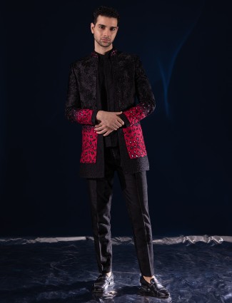 Black and red reception style raw silk indowestern