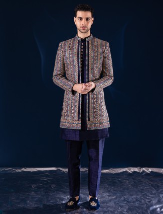 Dark purple cotton silk reception style indowestern