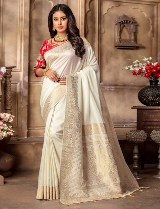 Cream dola silk zari weaving saree with ready made blouse