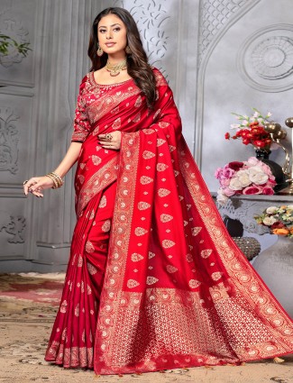 Red zari embellished saree for weddings