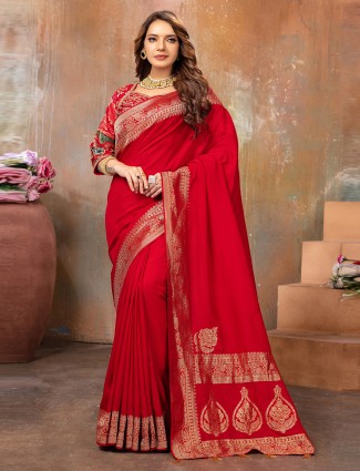 Red zari weaving saree with ready-made blouse