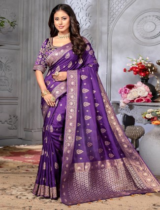 Graceful purple cozi silk saree with artistic prints and thread embroidery