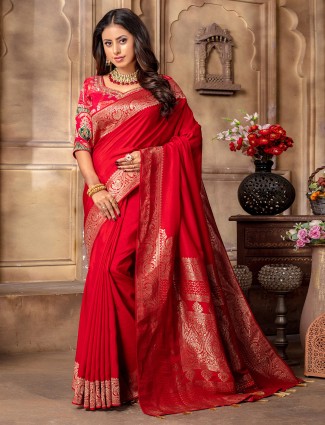 Dola silk red festive wear saree with zari embellishment