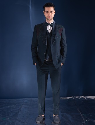 Dark teal green terry rayon partywear coatsuit