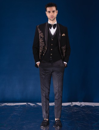 Terry rayon black embroidered coatsuit