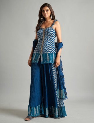 Alluring silk printed blue palazzo suit