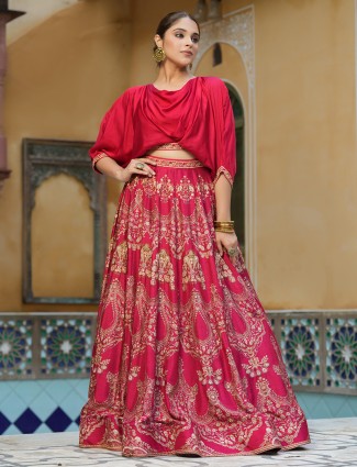 Magenta silk printed crop top with lehenga