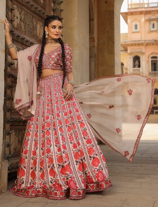 Powder pink printed lehenga choli in silk