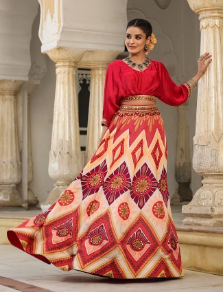 Satin red printed lehenga with crop top