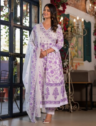 Stunning white and purple printed kurti set